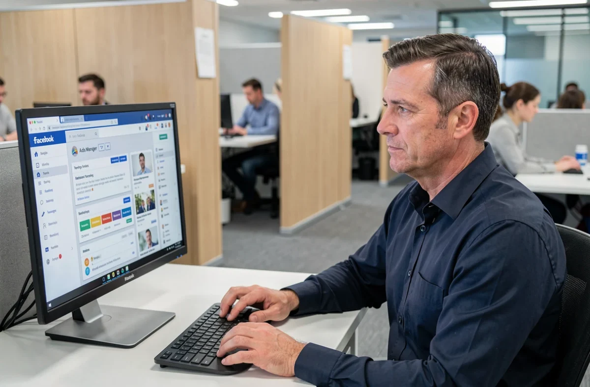 Responsable marketing configurant le ciblage d'audience dans Facebook Ads Manager sur ordinateur