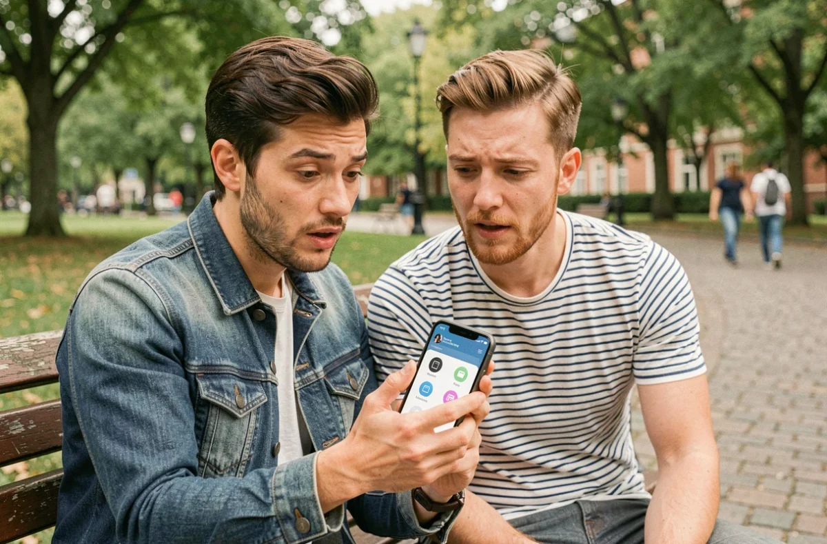 Deux amis en extérieur vérifiant les appareils connectés à un point d'accès mobile sur un smartphone