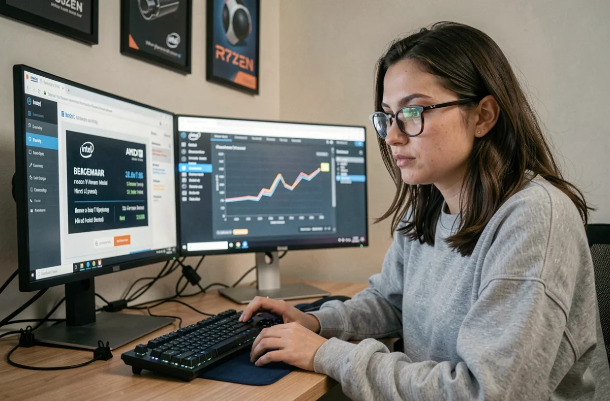 Femme analysant des benchmarks de processeurs Intel et AMD Ryzen sur un bureau double écran à domicile