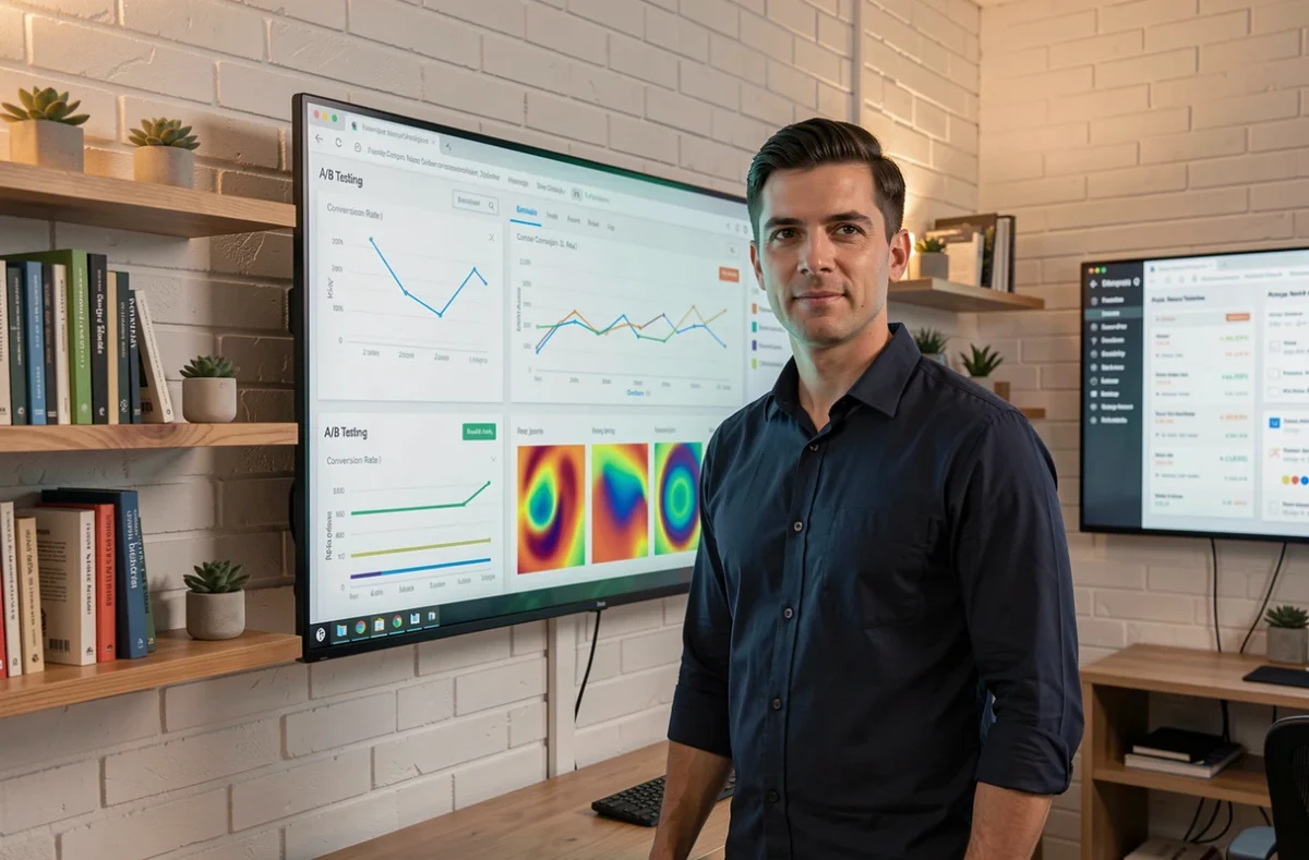 Professionnel du marketing analysant des données de conversion et de tests A/B sur un écran mural dans un studio moderne
