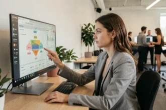 Professionnelle analysant un tableau de bord d'expérience utilisateur et de KPI sur un écran dans un bureau moderne