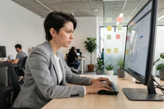 Professionnelle analysant un prototype d'interface utilisateur sur un grand écran dans un bureau moderne pour optimiser l'expérience utilisateur