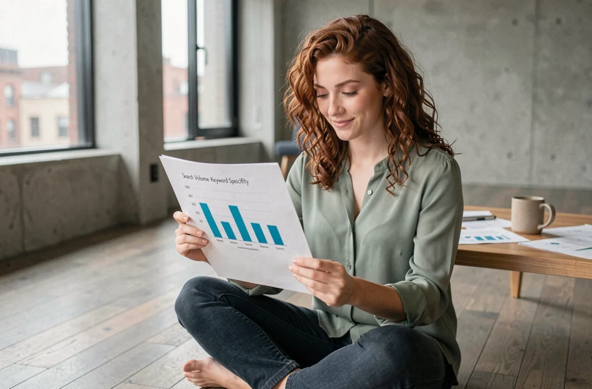 Jeune femme analysant un rapport de performance de contenu longue traîne dans un espace de coworking minimaliste
