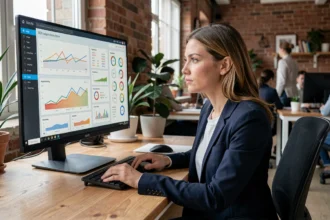 Femme professionnelle analysant des données SEO et le classement de mots-clés sur un écran d'ordinateur dans un bureau moderne