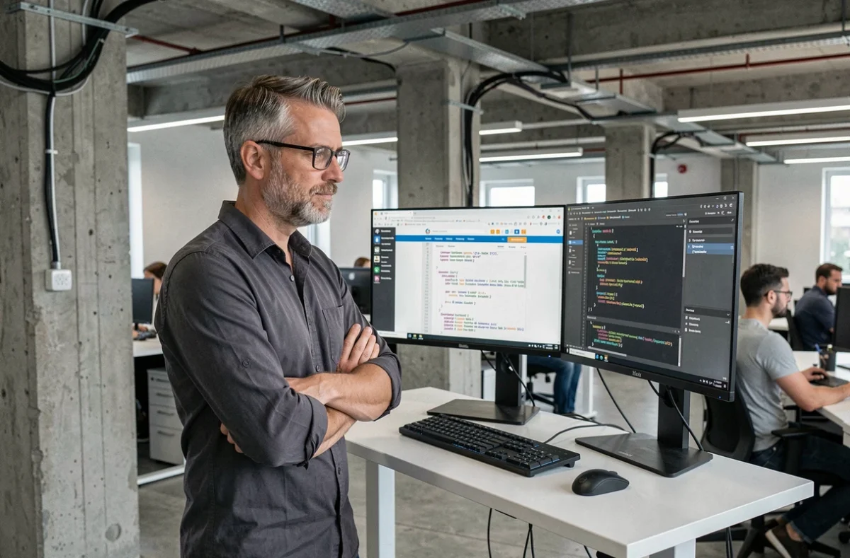 Un développeur senior debout devant un double écran analysant le code source d'un site web dans un open space professionnel