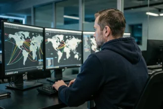 Analyste en cybersécurité surveillant des cartes mondiales de cyberattaques sur plusieurs écrans dans un centre opérationnel