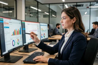 Femme analyste de données travaillant sur plusieurs écrans affichant des tableaux de bord et graphiques dans un bureau moderne