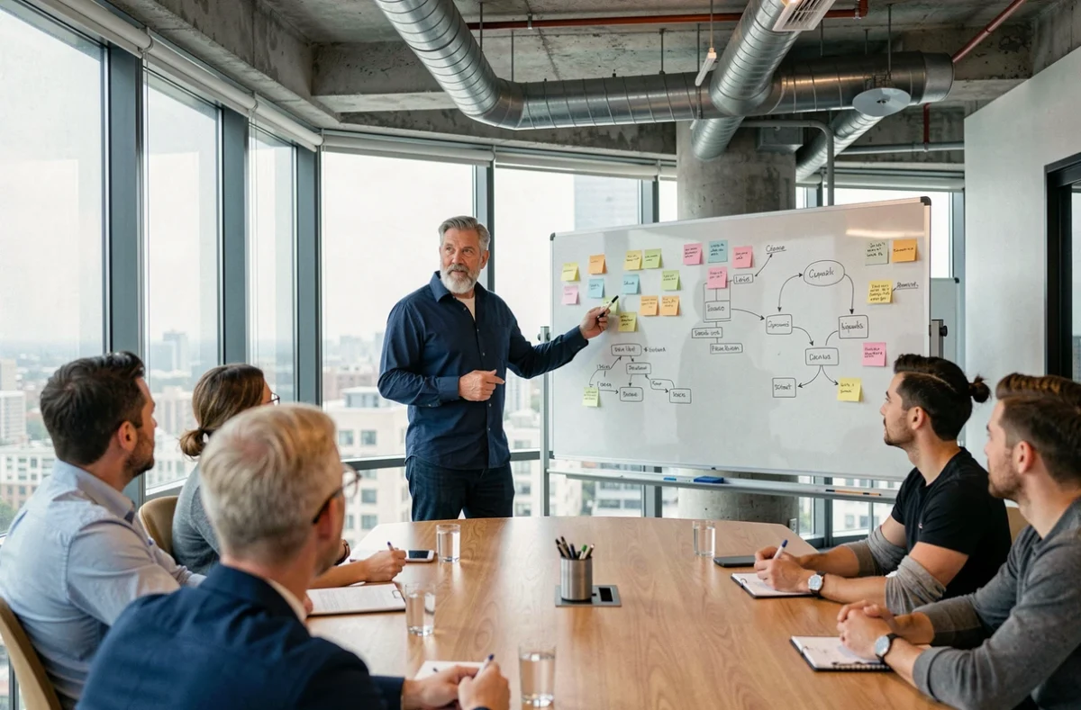 Équipe collaborant sur une carte du parcours utilisateur lors d'un atelier UX en salle de réunion