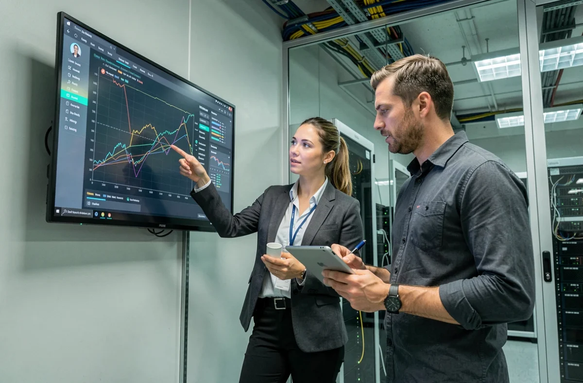 Deux experts en cybersécurité analysant un tableau de bord de trafic réseau dans une salle de serveurs lors d'un audit informatique