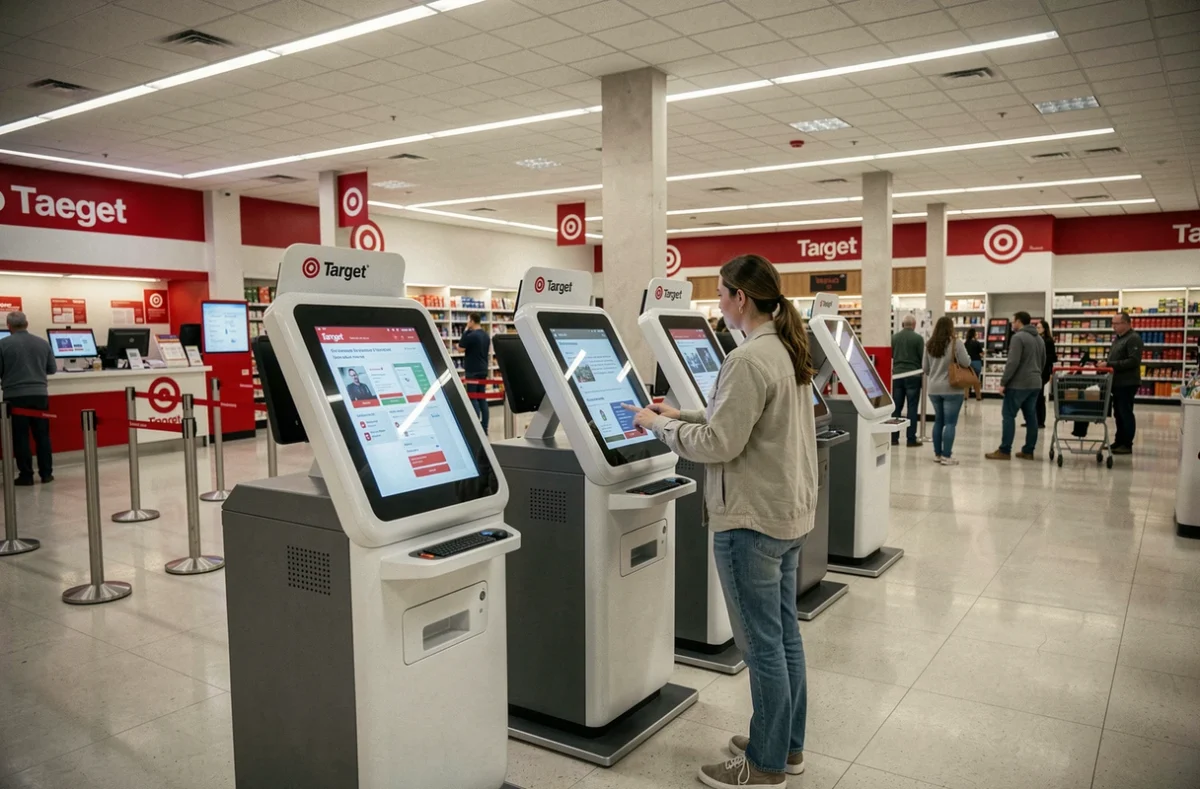 Vue générale des bornes libre-service IA au service client d'un magasin Target