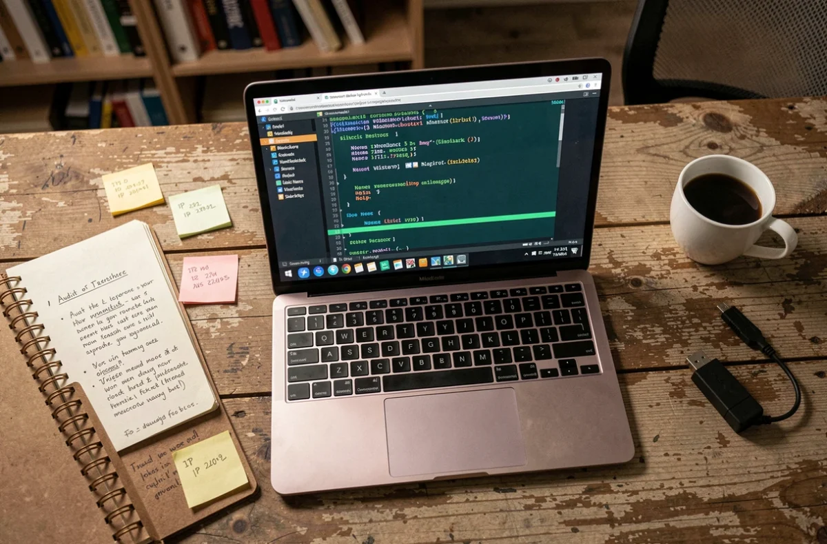Vue aérienne d'un bureau d'analyste avec un ordinateur portable affichant un outil de scan réseau et des notes d'audit informatique manuscrites