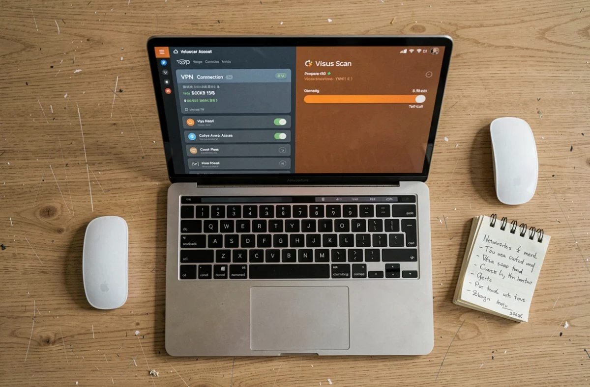 Vue aérienne d'un bureau avec un ordinateur portable montrant un panneau VPN et un scan antivirus en cours