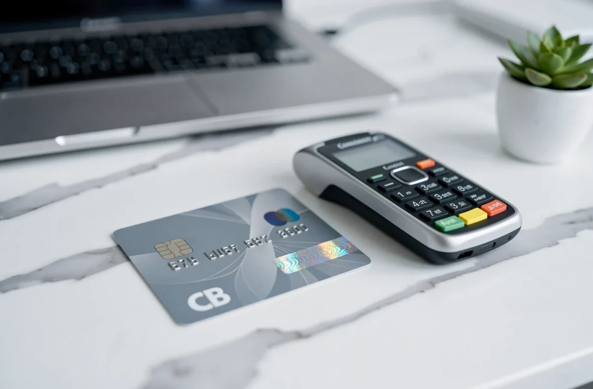 Carte bancaire CB sans contact posée sur un bureau en marbre blanc à côté d'un terminal de paiement portable moderne