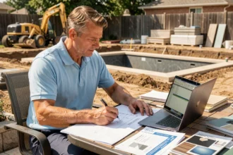 Entrepreneur en construction évaluant le coût d'une piscine avec des plans et un ordinateur portable dans un jardin en chantier
