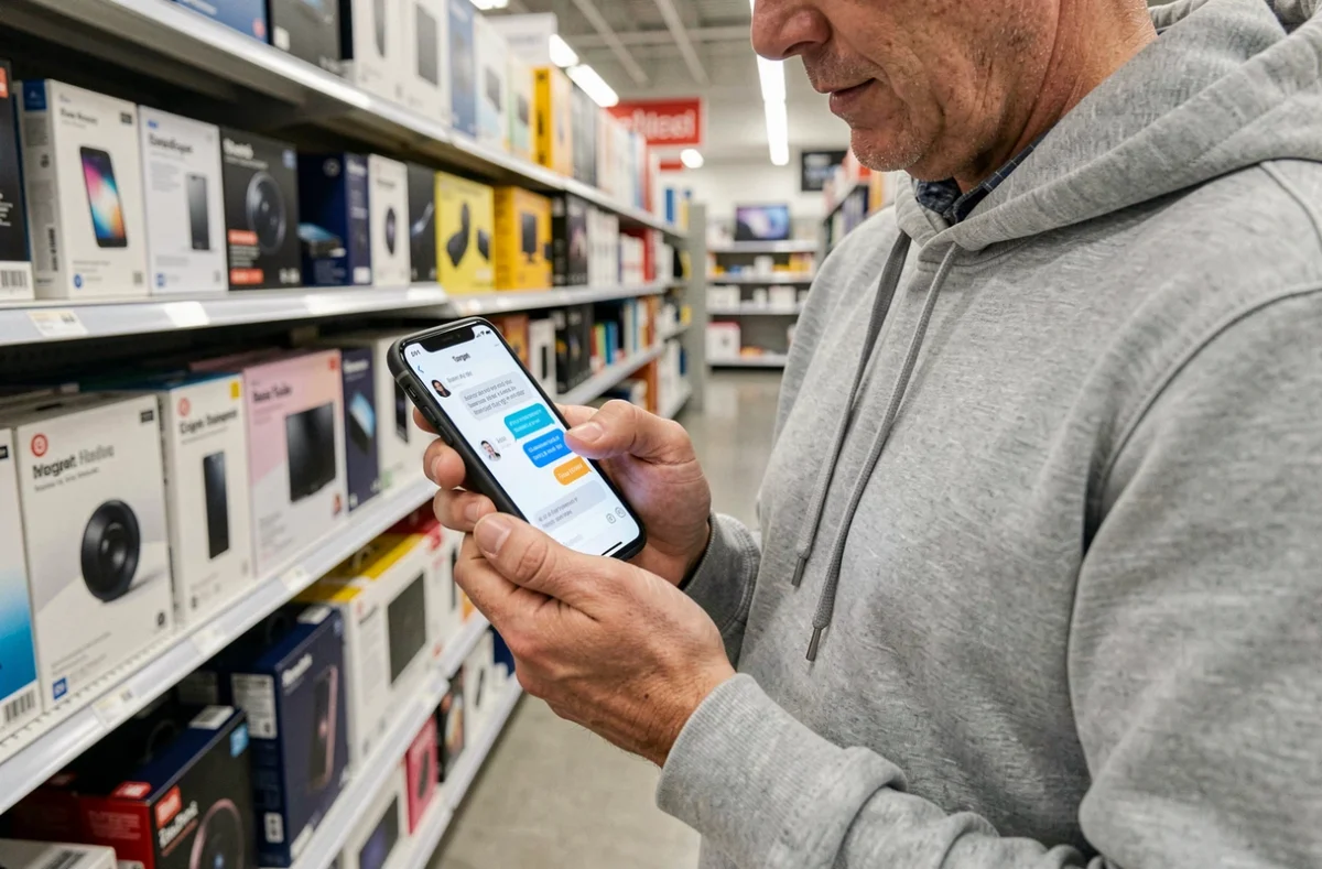 Client utilisant l'application mobile Target avec assistant virtuel IA dans un rayon de magasin