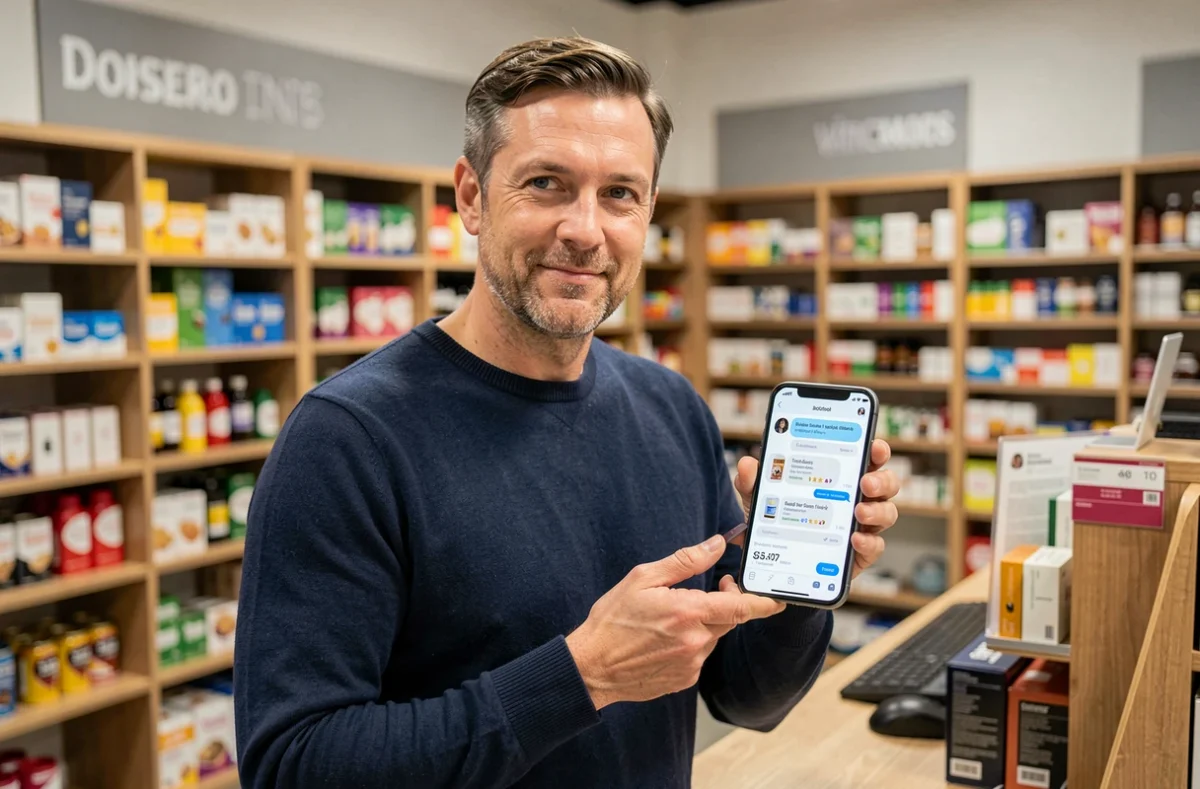 Un client consultant un chatbot commercial sur son smartphone dans un magasin de détail