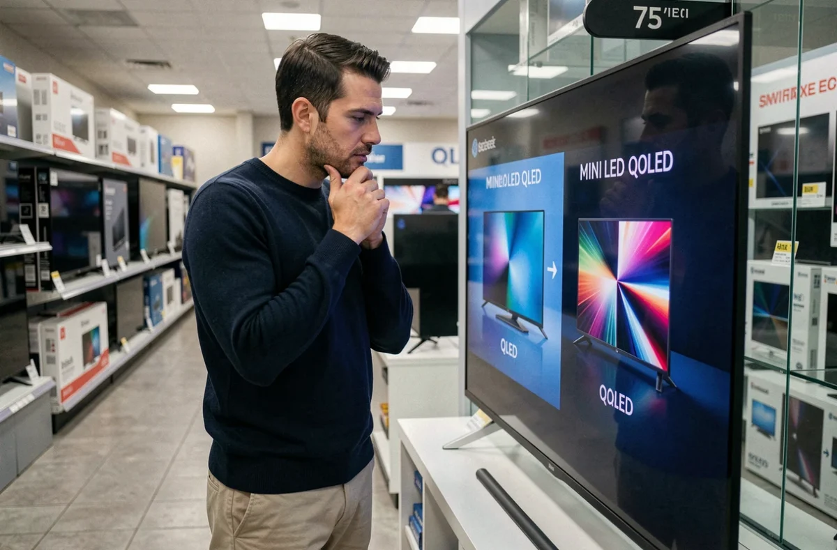 Un homme examine un téléviseur QLED en magasin pour comparer les technologies d'affichage
