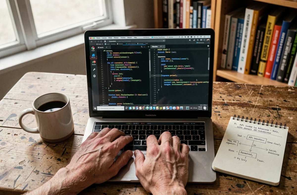 Mains de développeur sur un ordinateur portable affichant du code d'API avec des notes manuscrites d'architecture