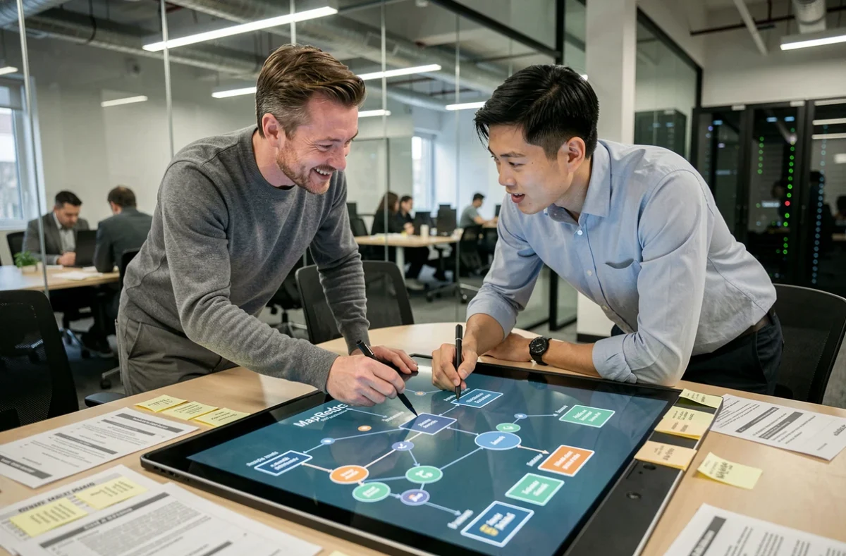 Deux développeurs collaborant sur un schéma de traitement big data fonctionnel lors d'une réunion en startup tech