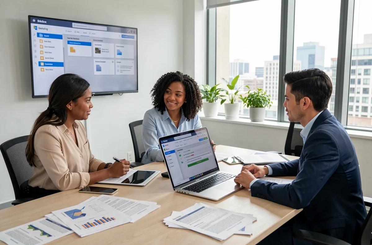 Équipe professionnelle collaborant autour d'un système de gestion électronique de documents en salle de réunion