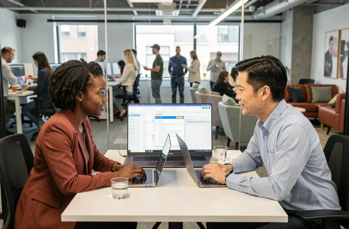 Deux collègues collaborant sur une plateforme numérique de gestion de projet dans un espace de coworking, représentant l'évolution des relations professionnelles à l'ère du numérique