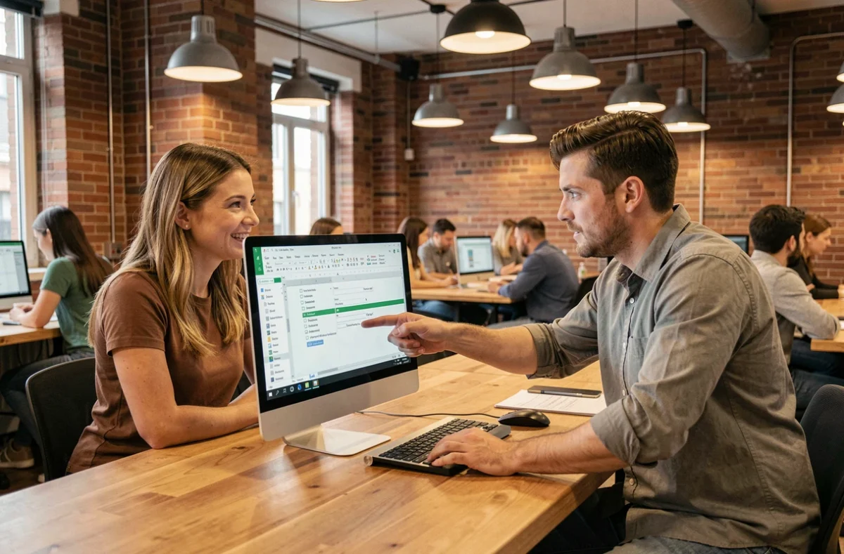 Deux collègues consultant une liste déroulante Excel dans un espace de co-working