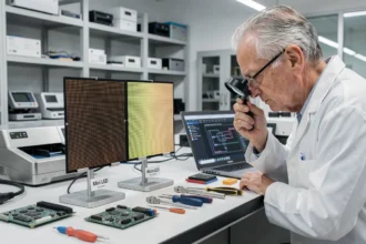 Technicien en laboratoire comparant des échantillons de panneaux Mini LED et Micro LED sur un établi de recherche professionnel