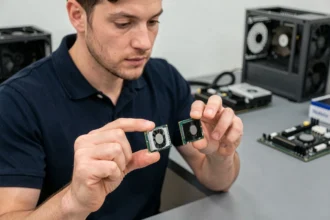 Technicien comparant un processeur Intel et un processeur AMD Ryzen côte à côte dans un atelier informatique professionnel