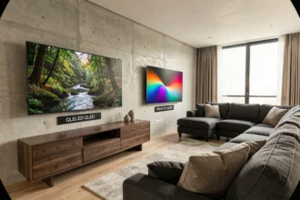 Comparaison QLED vs Mini LED QLED sur deux téléviseurs côte à côte dans un salon moderne