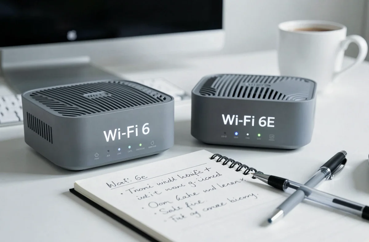 Comparaison côte à côte d'un routeur Wi-Fi 6 et d'un routeur Wi-Fi 6E sur un bureau avec notes manuscrites