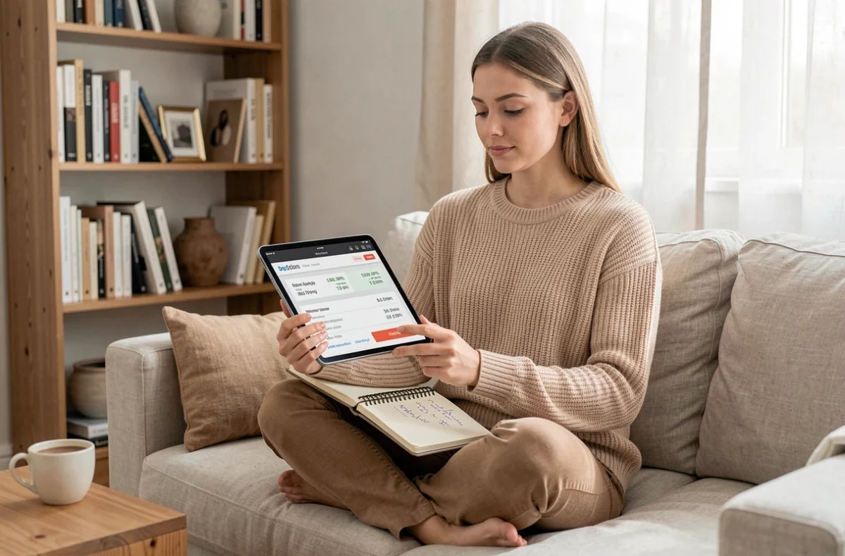 Jeune femme comparant les tarifs de création de site web sur une tablette depuis son domicile
