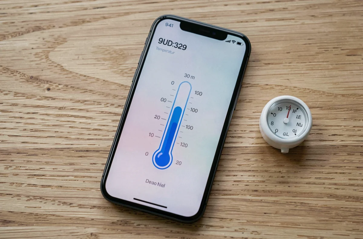 Comparaison entre un thermomètre classique et une application thermomètre sur iPhone posés sur une table en bois