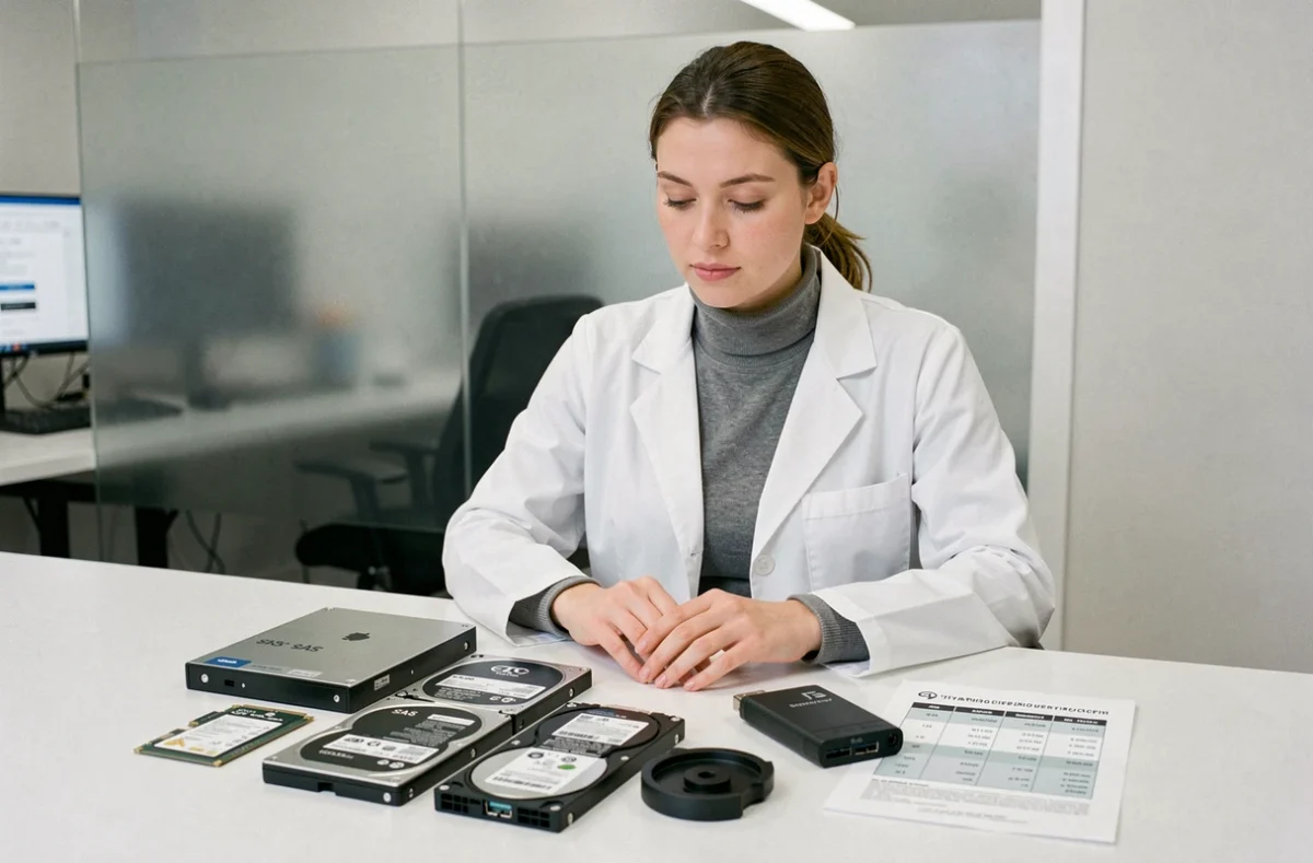 Femme technicienne comparant différents types de supports de stockage informatique sur un bureau de laboratoire