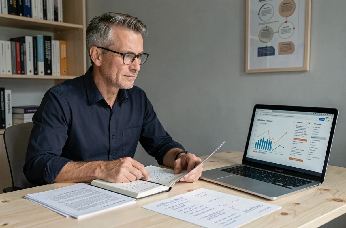 Consultant UX examinant des rapports de recherche et des scores de satisfaction utilisateur comme indicateurs de performance