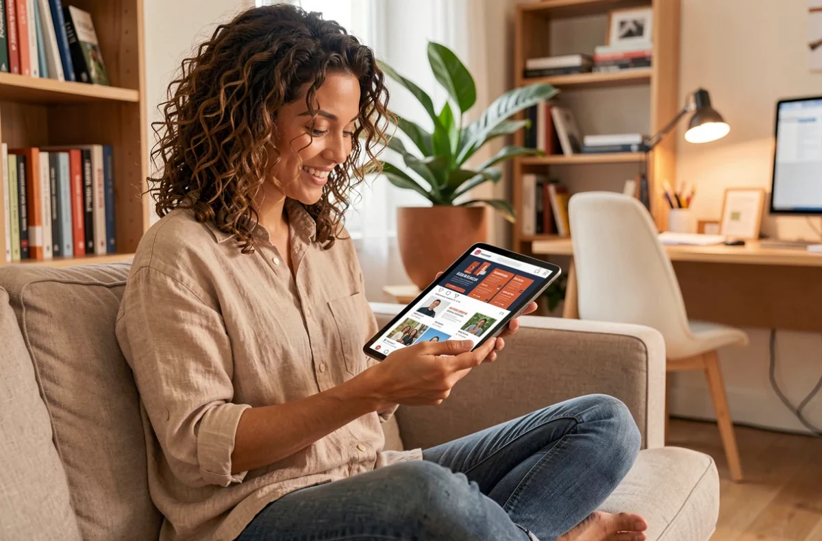Une consultante marketing freelance explorant des créations publicitaires générées par l'IA sur une tablette dans son studio créatif