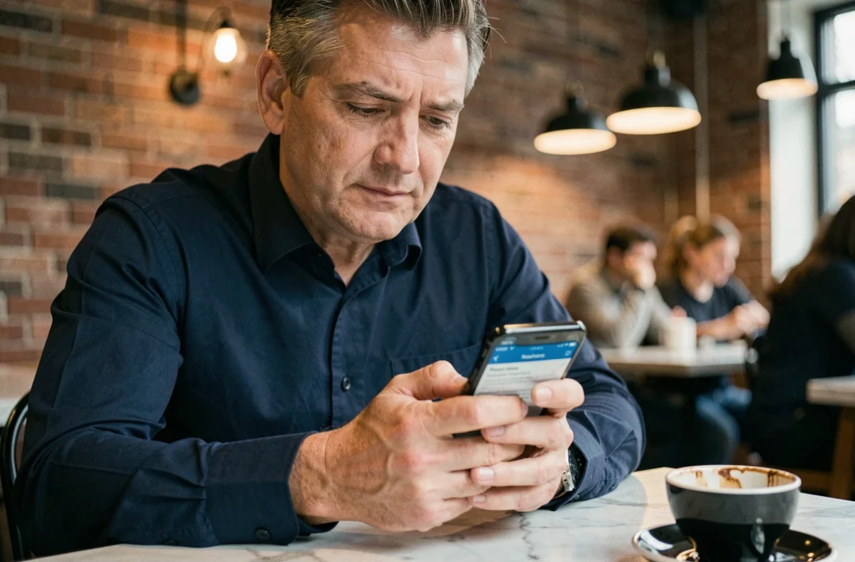 Homme rédigeant un e-mail à Zalando sur son smartphone dans un café moderne