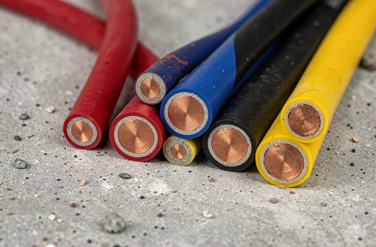Gros plan sur la coupe transversale de câbles électriques gainés révélant leur structure interne