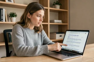 Jeune femme découvrant le référencement naturel sur son ordinateur portable dans un bureau à domicile