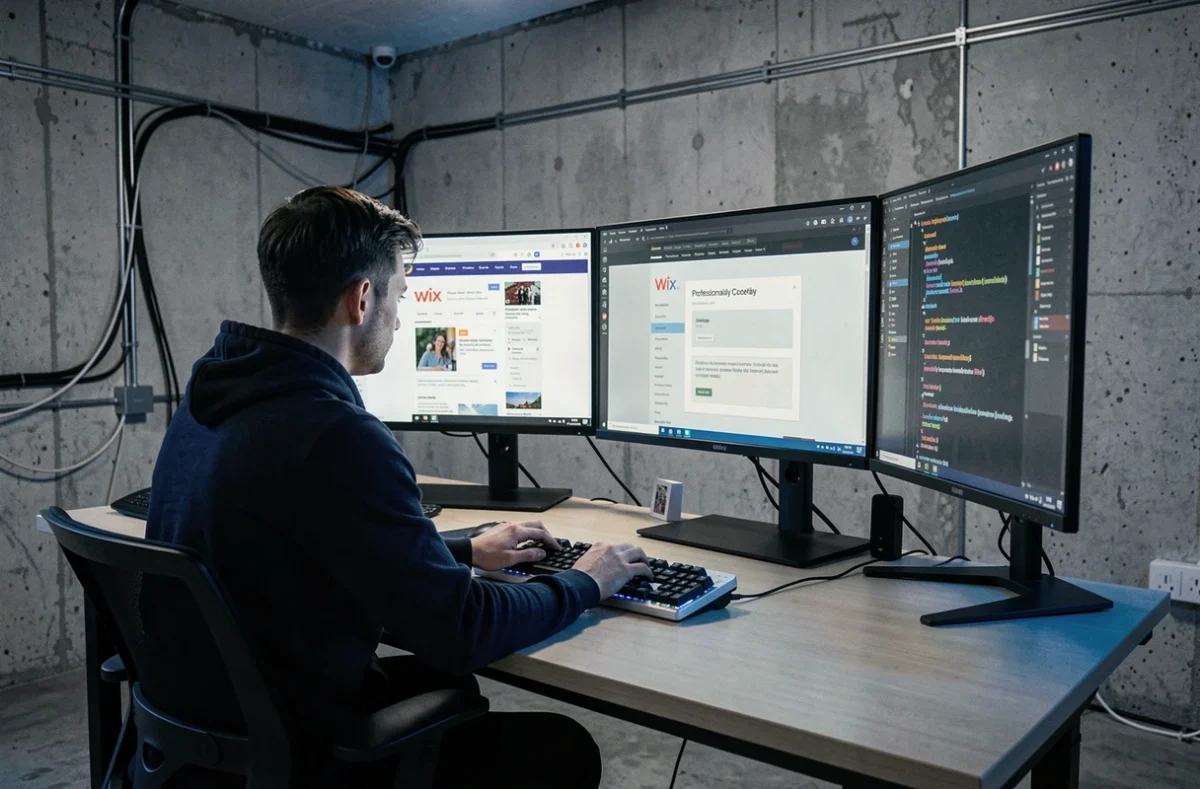 Designer web comparant les limitations de Wix face à un développement professionnel sur ordinateur