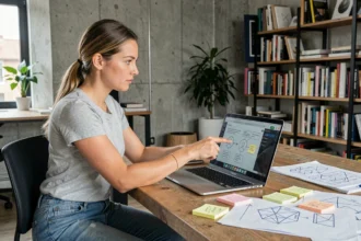 Designer UX femme travaillant sur des wireframes et une interface utilisateur dans un bureau moderne