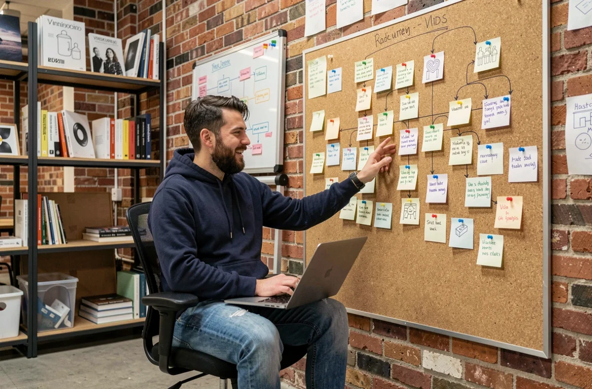 Designer UX expliquant un parcours utilisateur sur un tableau de liège dans un espace de co-working créatif