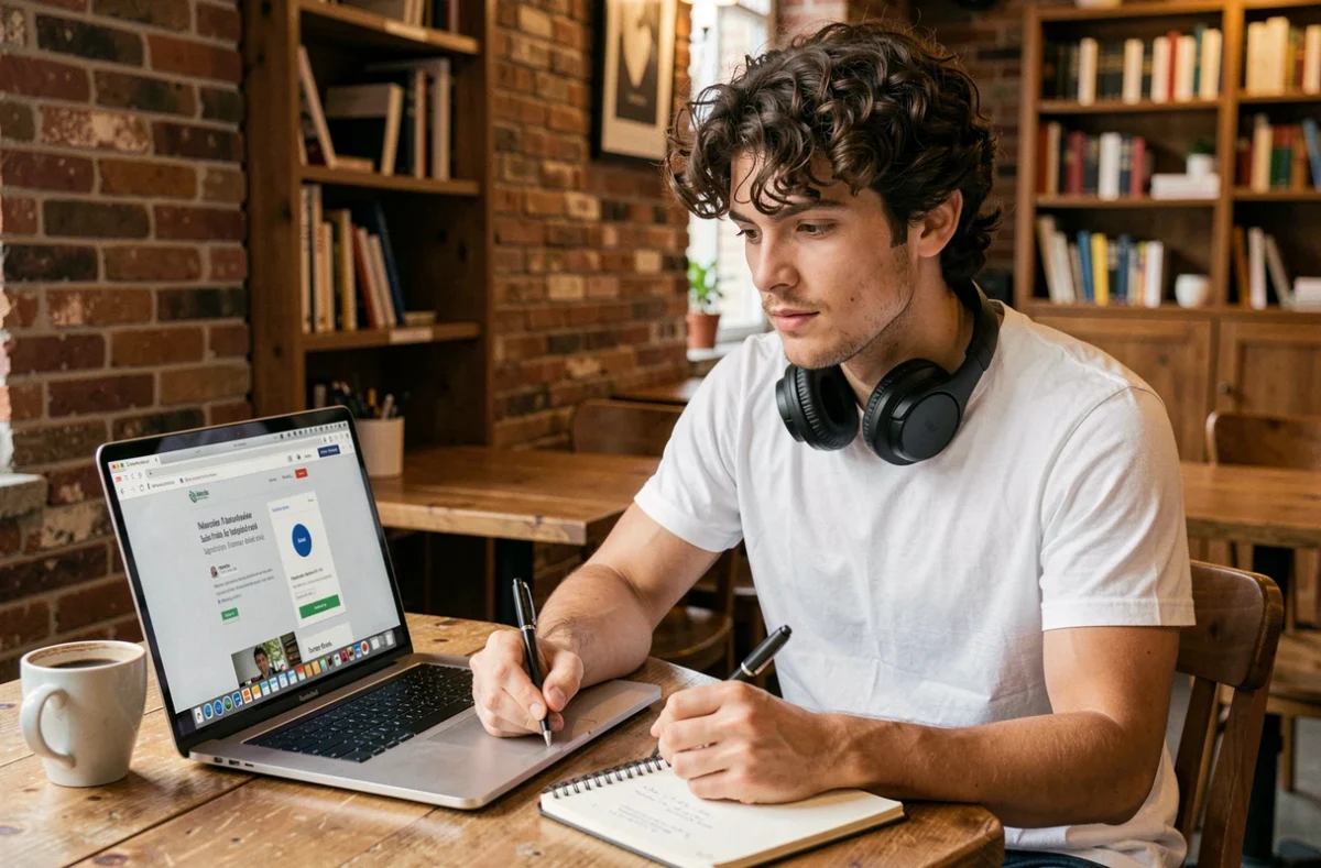 Jeune designer UX travaillant sur un prototype de site web dans un café avec un cahier de notes