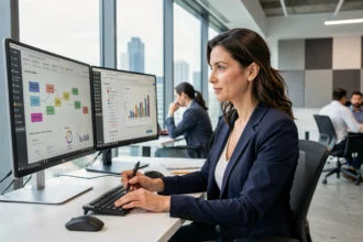 Designer UX/UI femme analysant des wireframes et données salariales sur double écran dans un bureau moderne et lumineux