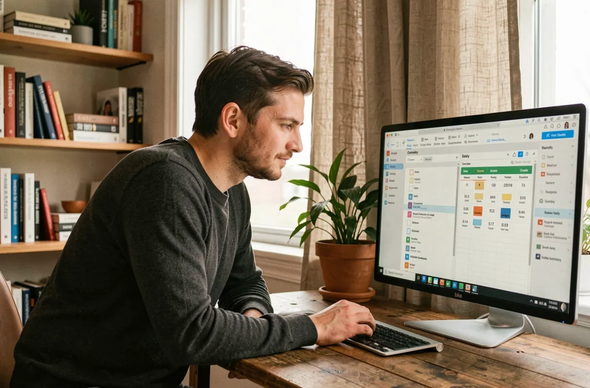 Designer UI/UX homme travaillant en télétravail sur Figma avec un comparatif de salaires affiché à l'écran dans un bureau à domicile cosy