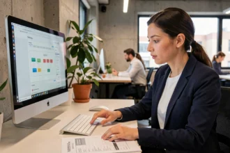 Professionnelle du web examinant un devis de création de site internet dans un studio moderne