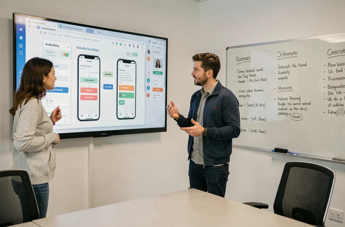 Deux designers UX collaborant devant un écran tactile affichant un prototype d'application mobile dans un laboratoire UX