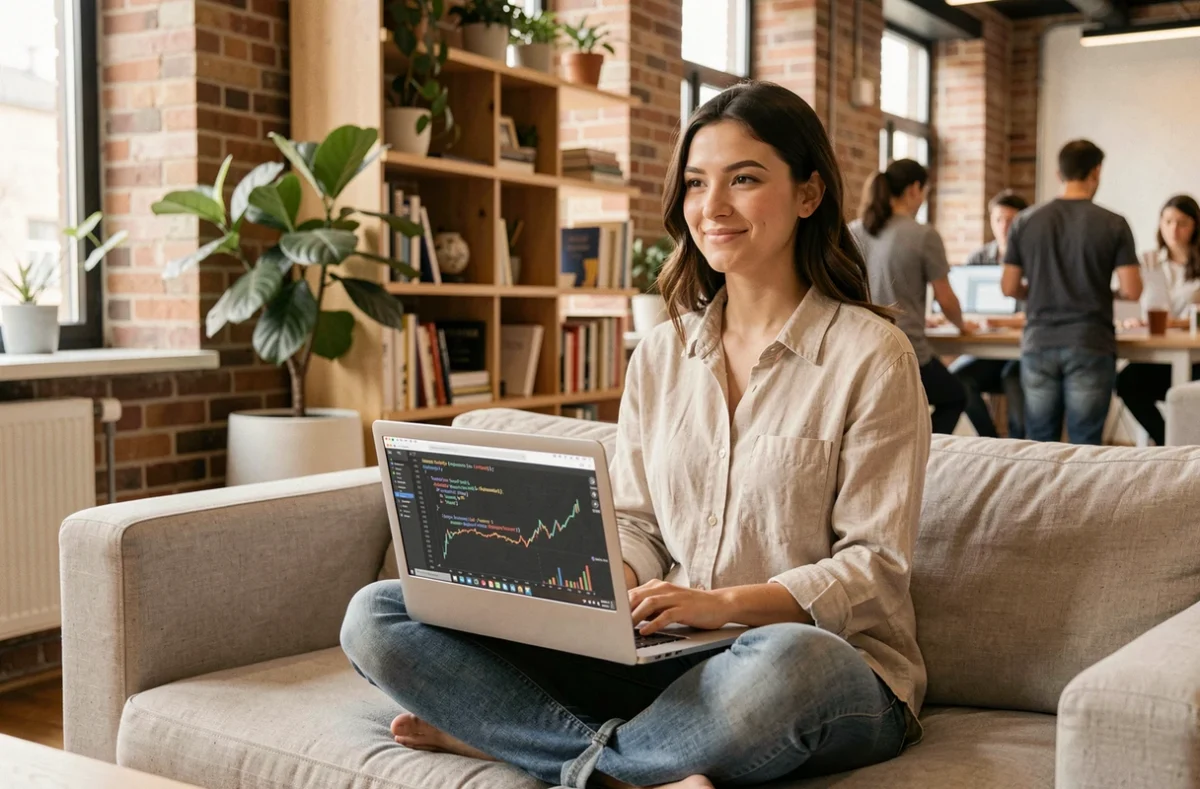 Jeune femme développeuse analysant un script de traitement de données sur son ordinateur portable dans un espace de coworking