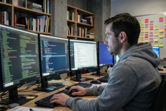 Développeur informatique analysant des fichiers de logs sur plusieurs écrans de terminal dans un bureau moderne