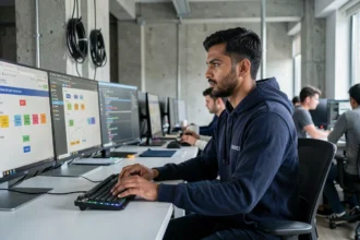 Développeur logiciel travaillant sur la documentation d'API REST et GraphQL dans un bureau moderne