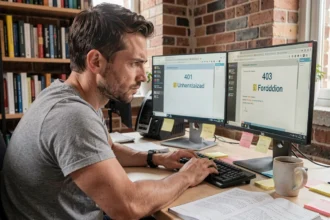 Développeur web analysant les différences entre les erreurs HTTP 401 et 403 sur deux écrans d'ordinateur dans un bureau moderne